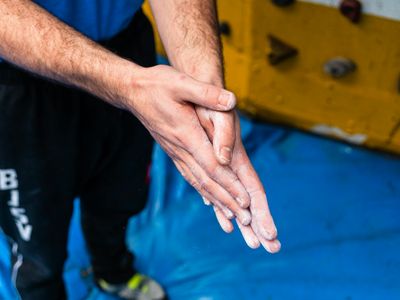 Chalked hands ready for training